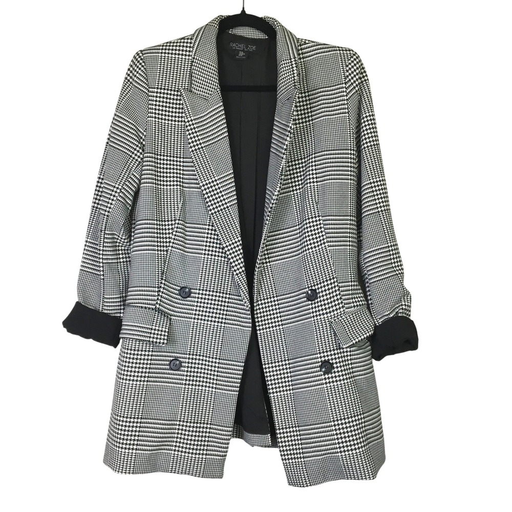 Rachel Zoe Glen Plaid Longline Blazer‎ Black White Jacket